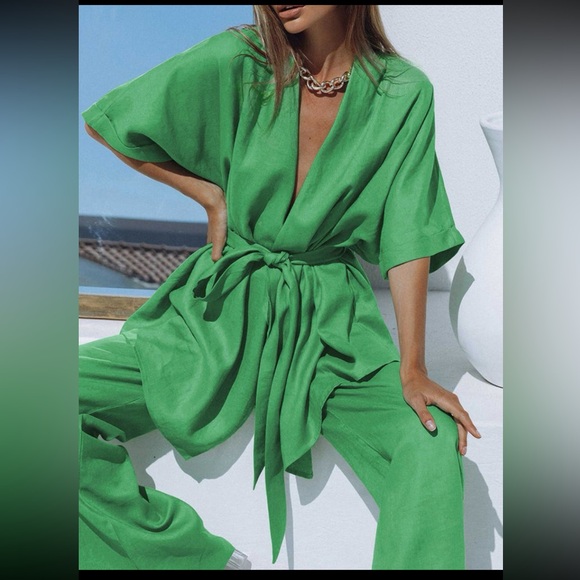 Commense Oversized Linen Tied Two Piece Kimono & Pant set - Picture 3 of 13